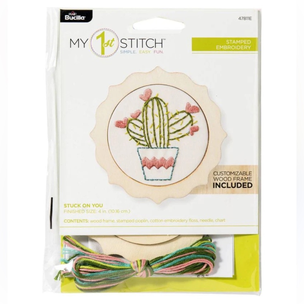 Bucilla My 1st Stitch Cactus Embroidery Kit With Pink and Green Threads New